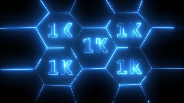 Blue Pink Neon Light 1K Letter Icon Animation on black background on a black background HD, neon line with Ultra video technology icon isolated on black background.