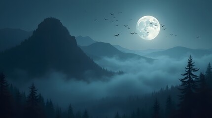 Theme Halloween, Foggy mountain under full moon, bats flying in the sky