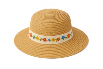 Straw sun hat featuring floral band, providing summer fashion, protection, and outdoor style on transparent background
