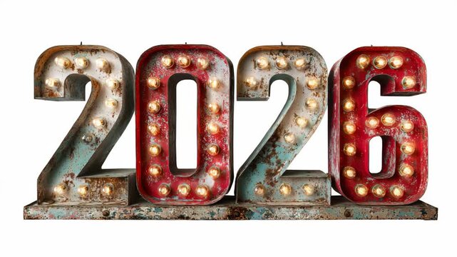 Vintage marquee sign displaying illuminated number 2026 with rustic metal finish