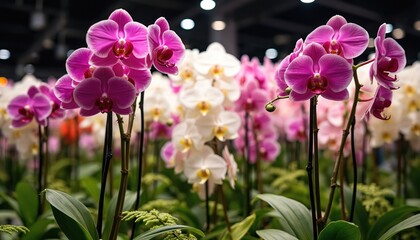 Orchid flowers display in bright colors. Many orchids in full bloom form floral decoration for event. Decorative plants create beauty and joy. Blossoming plants at botanical exhibition.