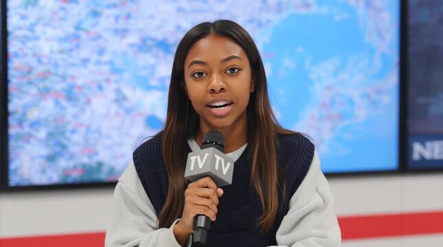 African American TV host. Young Brown skin female is a presenter of the morning program