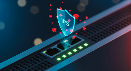 A close-up shot of a modern router, its ports and LED lights illuminated, suggesting high-speed connectivity and network security, with a digital shield overlay emphasizing protection.