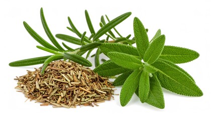 Composition of fresh culinary herbs and pile of dried leaves