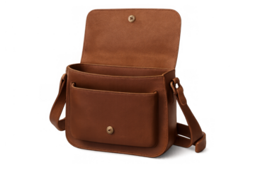 Brown leather handbag with open flap and shoulder strap, presenting a women's fashion accessory for style and storage
