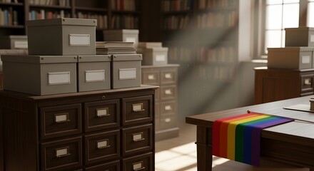 Library Archives with Rainbow Pride Flag and Sunlight Rays