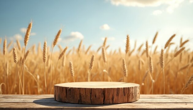 Wooden round podium on rustic table, golden wheat field backdrop. Clear blue sky, white clouds above. Perfect for product display, Shavuot holiday, food themes, summer harvest celebrations.