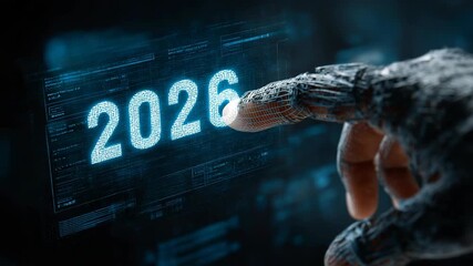 Robotic hand touching futuristic digital 2026 display - Powered by Adobe