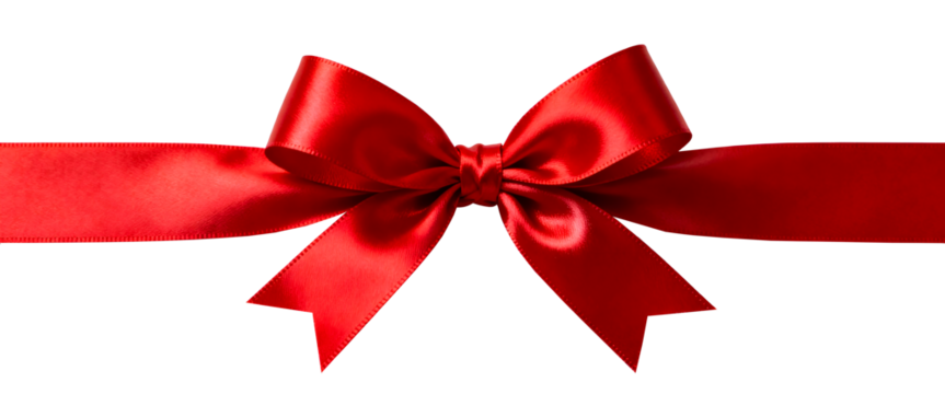 Red gift ribbon with bow, photorealistic fabric, isolated on white, product mockup