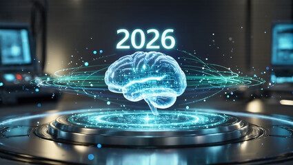 Futuristic digital brain hologram with 2026 projection in high-tech setting.