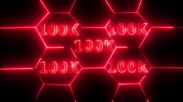 100K followers. animation in Easy to put into any video. neon glowing sign.  1000K subscribers modern animation banner design . celebrate party effects, social media. congratulation for 100k .