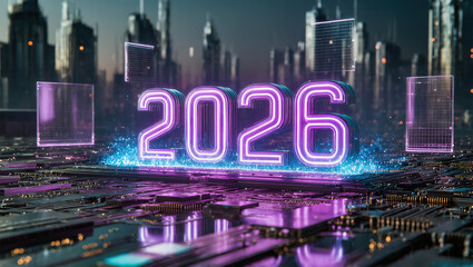 Futuristic neon cityscape with digital elements and the year 2026 displayed.