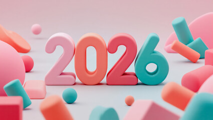 Vibrant 2026 in pastel colours with geometric-shaped marshmallow.