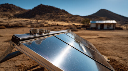 Solar panels with desert landscape and remote house in the background.