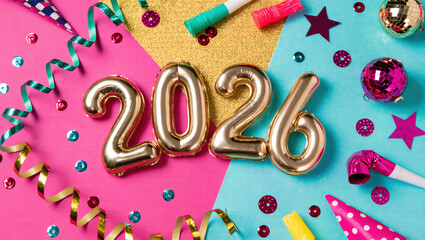 Festive new year celebration 2026: colorful decorations and party elements.