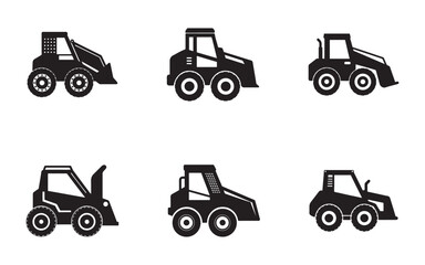 Skid Steer Loader Silhouette Vector Set Heavy Equipment Construction Machinery Industrial Design Flat Black And White Illustration