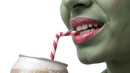 A closeup shot captures a person with green skin and pink lips, sipping from a can through a red and white striped straw, the scene is surreal and vibrant