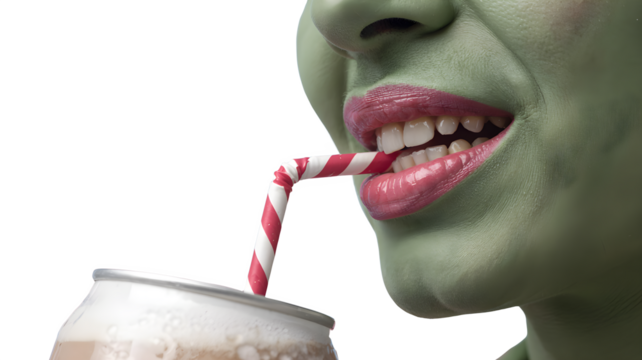 A closeup shot captures a person with green skin and pink lips, sipping from a can through a red and white striped straw, the scene is surreal and vibrant