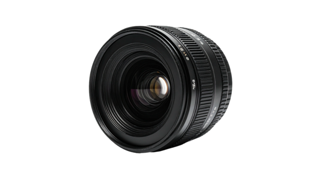 Camera lens reflecting light against stark black backdrop