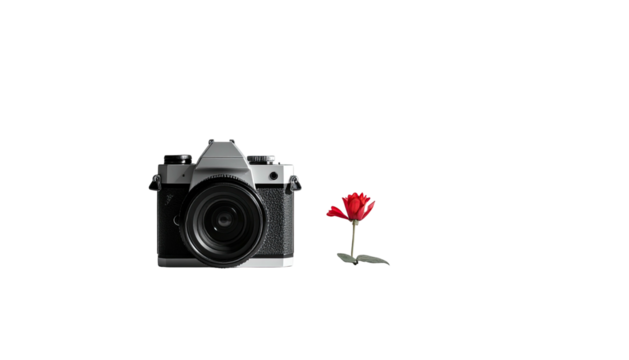 Camera & red flower in dark background, centered-left