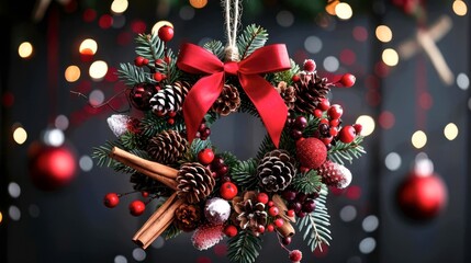 a handmade Christmas wreath hanging on an old, weathered wooden barn door