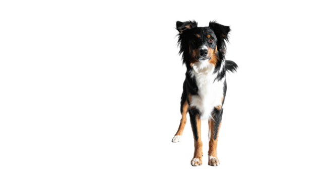 Dog stands, black, white, brown fur, dark background looks up
