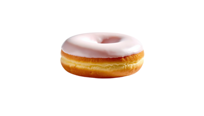 Glazed donut with pink frosting, simple on black background