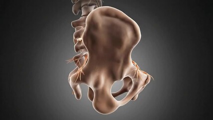Detailed 3D Medical Animation Illustrating the Sciatic Nerve Pathway Originating from the Lumbar Spine and Pelvic Region with Neural Branches - Powered by Adobe