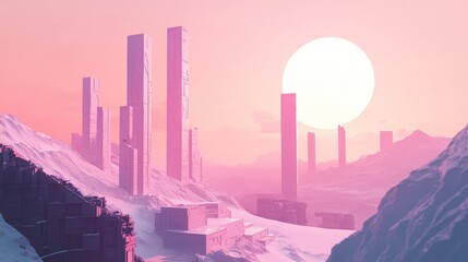 Futuristic desolate alien landscape with geometric buildings