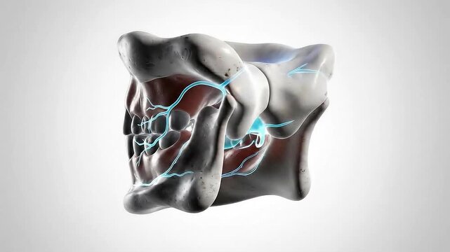 Detailed 3D Medical Animation Illustrating the Human Temporomandibular Joint Anatomy and Neural Pathways with Bone and Muscle Detail