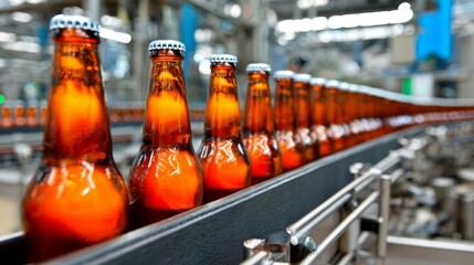 Vivid beer bottles of various hues proceed along a conveyor belt, situated within a thriving industrial setting characterized by exceptionally bright lighting