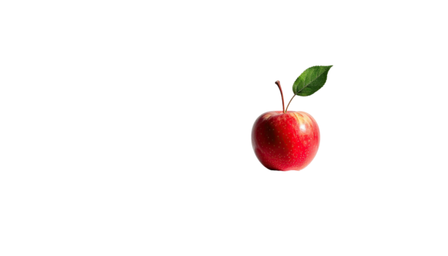 Red apple with leaf, centered right against a black background