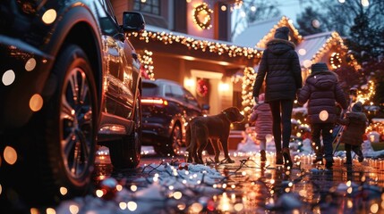 An older couple grandparents is getting out of a classic car, greeted enthusiastically by their grandchildren and a dog