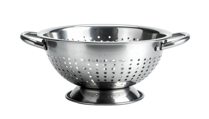 Shiny stainless steel colander with handles against black backdrop