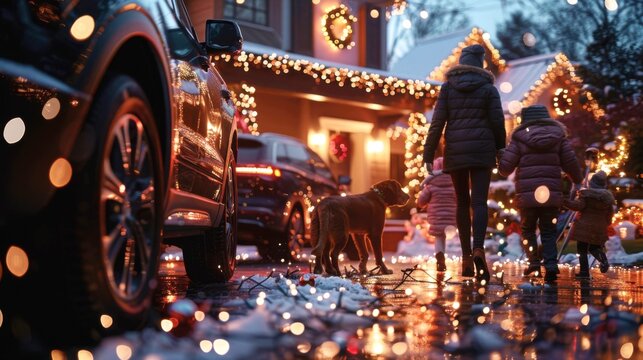 An older couple grandparents is getting out of a classic car, greeted enthusiastically by their grandchildren and a dog