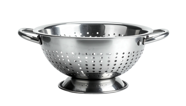 Shiny stainless steel colander with handles against black backdrop