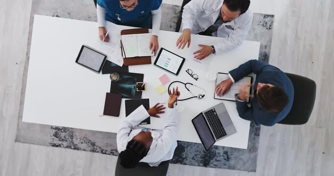 Doctors, discussion and people with tech, hospital and budget for new medical equipment and meeting. Boardroom, team or research for clinic grants with info, above and funding for healthcare services
