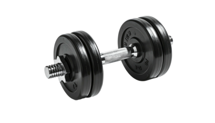 Black weight dumbbell with plates isolated on a black background