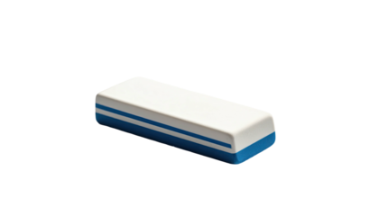 White and blue eraser lying on a black background