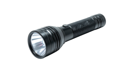 Black flashlight angled, emitting bright light