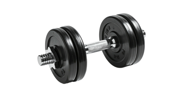Black weight dumbbell with plates isolated on a black background