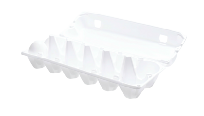 Empty open white polystyrene egg carton isolated on black