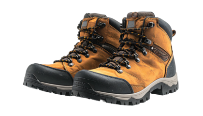 Pair of tan leather hiking boots, black soles, sturdy