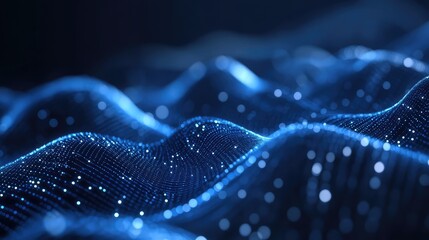 Blue digital wave particles creating network flowing over dark background