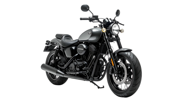 Gray motorcycle. Black detailing, studio shot, neutral background