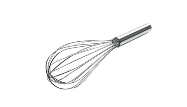 Silver whisk with curved wires, isolated on stark black backdrop