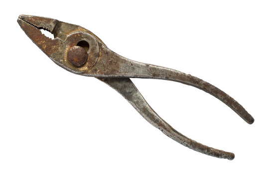 Old iron pliers isolated on a white background. Rusty pliers close-up