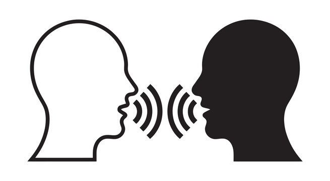 Two stylized heads in profile, one black and one white, communicating with sound waves between them, isolated on