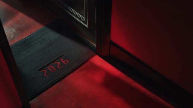 Mysterious red room interior with door and carpet number 2026