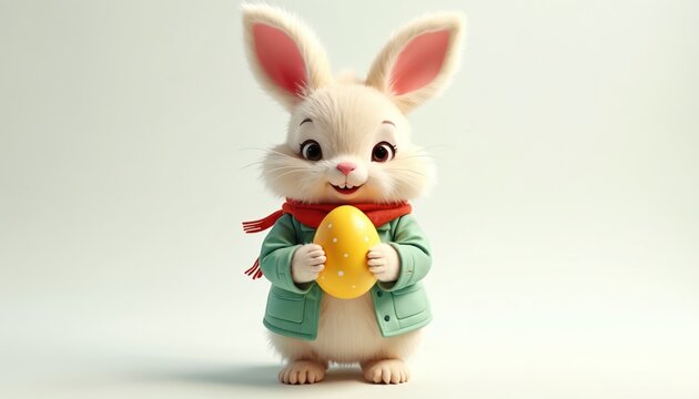 Charming Easter bunny holding a yellow egg. Cute character wears a jacket and a scarf. Festive animal stands isolated against a neutral background. Concept of holiday celebration and seasonal joy.